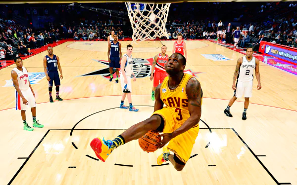 HD desktop wallpaper featuring an NBA player mid-dunk during a basketball game, capturing the dynamic action on the court.