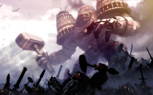 A dark fantasy scene features a colossal demigod wielding a massive hammer, looming over a battlefield filled with armed warriors, set against a dramatic sky. HD desktop wallpaper.