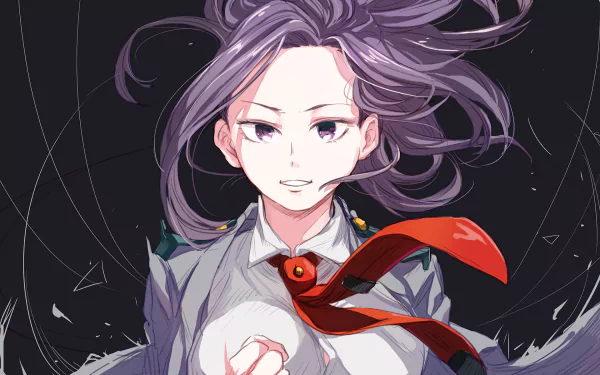 HD desktop wallpaper featuring Momo Yaoyorozu from the anime My Hero Academia. She has a determined expression with flowing hair against a dark background.