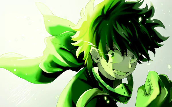 HD desktop wallpaper featuring Izuku Midoriya from the anime My Hero Academia. The image showcases Midoriya with a bright green color scheme, displaying his determined expression and heroic pose.