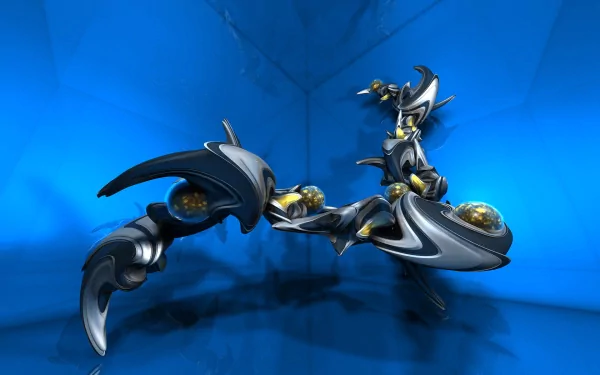 Abstract blue digital artwork featuring a weird, futuristic, metallic form set against a smooth, reflective blue background, designed as an HD PC desktop wallpaper.