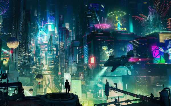 A vibrant cyberpunk cityscape at night, filled with colorful lights and futuristic elements. People and flying vehicles create a lively sci-fi atmosphere in this HD wallpaper.