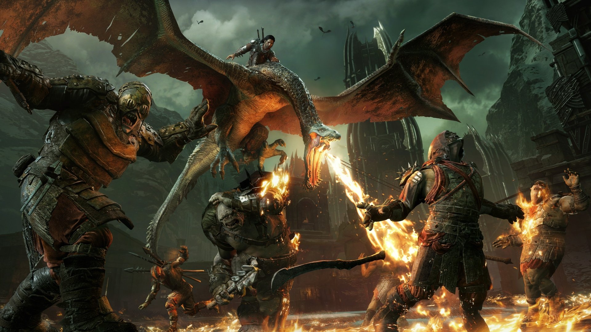 HD desktop wallpaper of Middle-earth: Shadow of War featuring a dynamic battle scene with warriors, a dragon, and fiery combat elements.