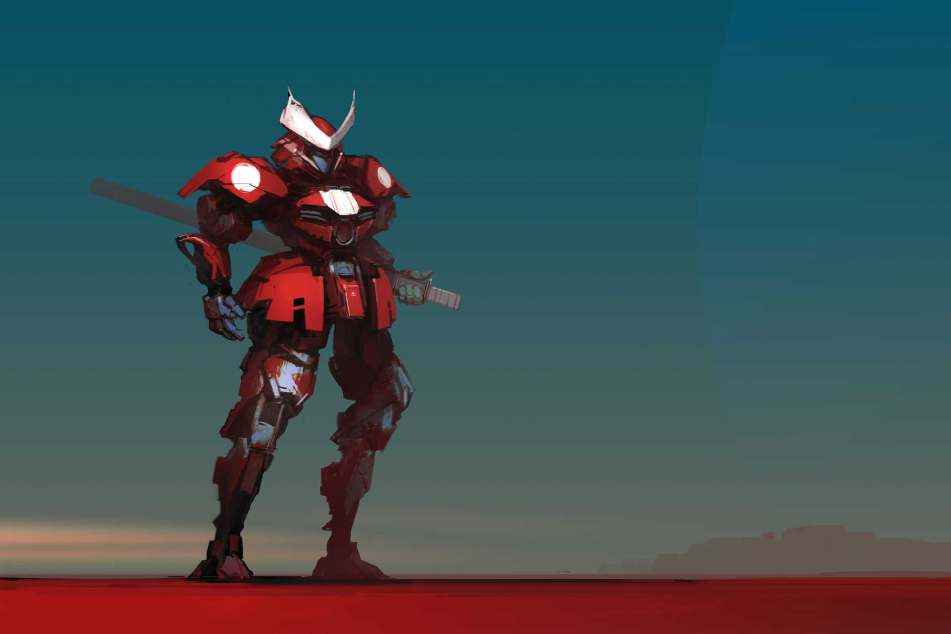 HD desktop wallpaper featuring a Sci-Fi giant samurai robot holding a sword, set against a minimalist background with a gradient sky.
