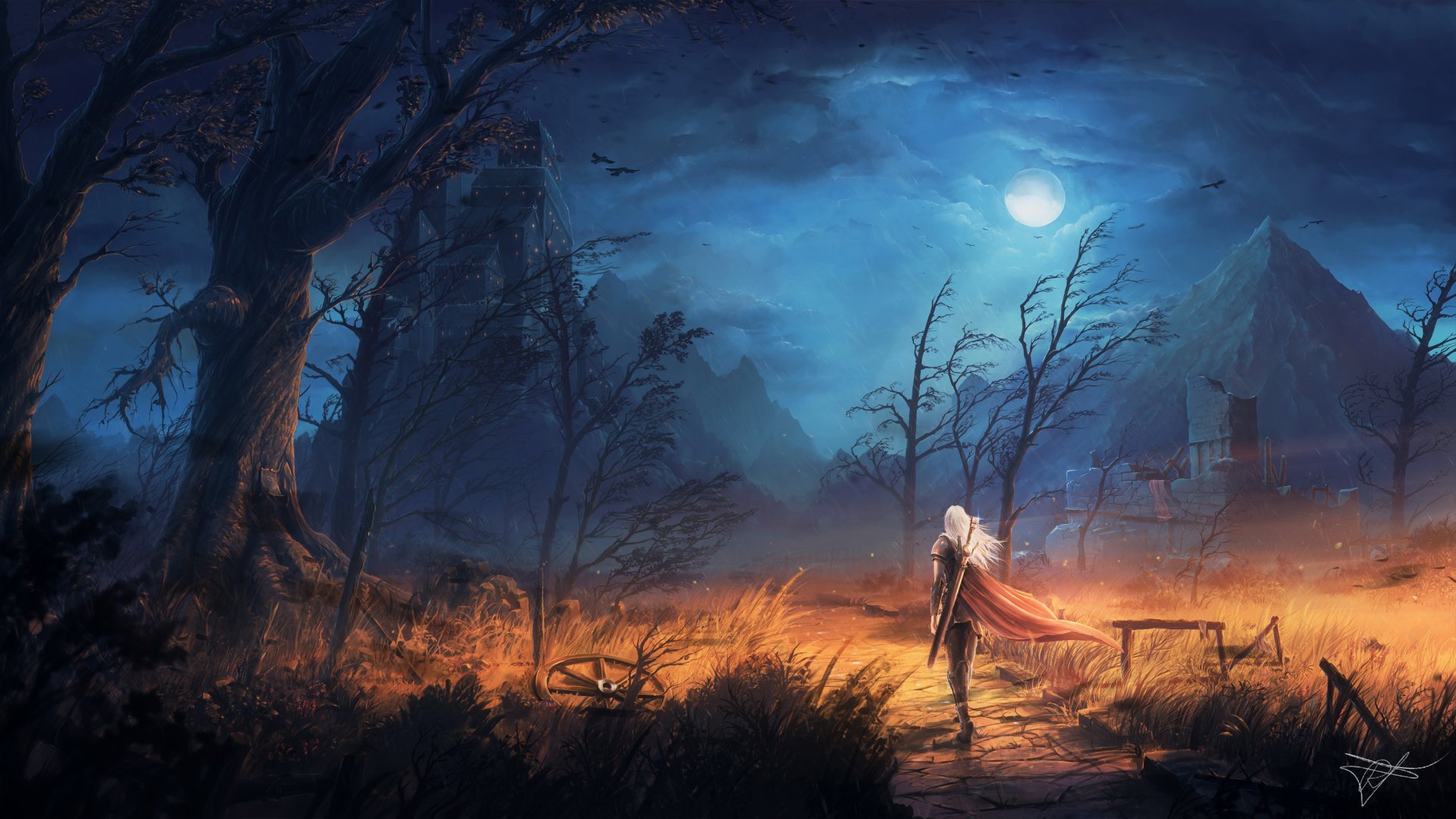 A woman warrior with a sword and white hair walks along a path toward a castle under the moonlit night in a fantasy landscape. The scene is vividly detailed in a HD desktop wallpaper and background.