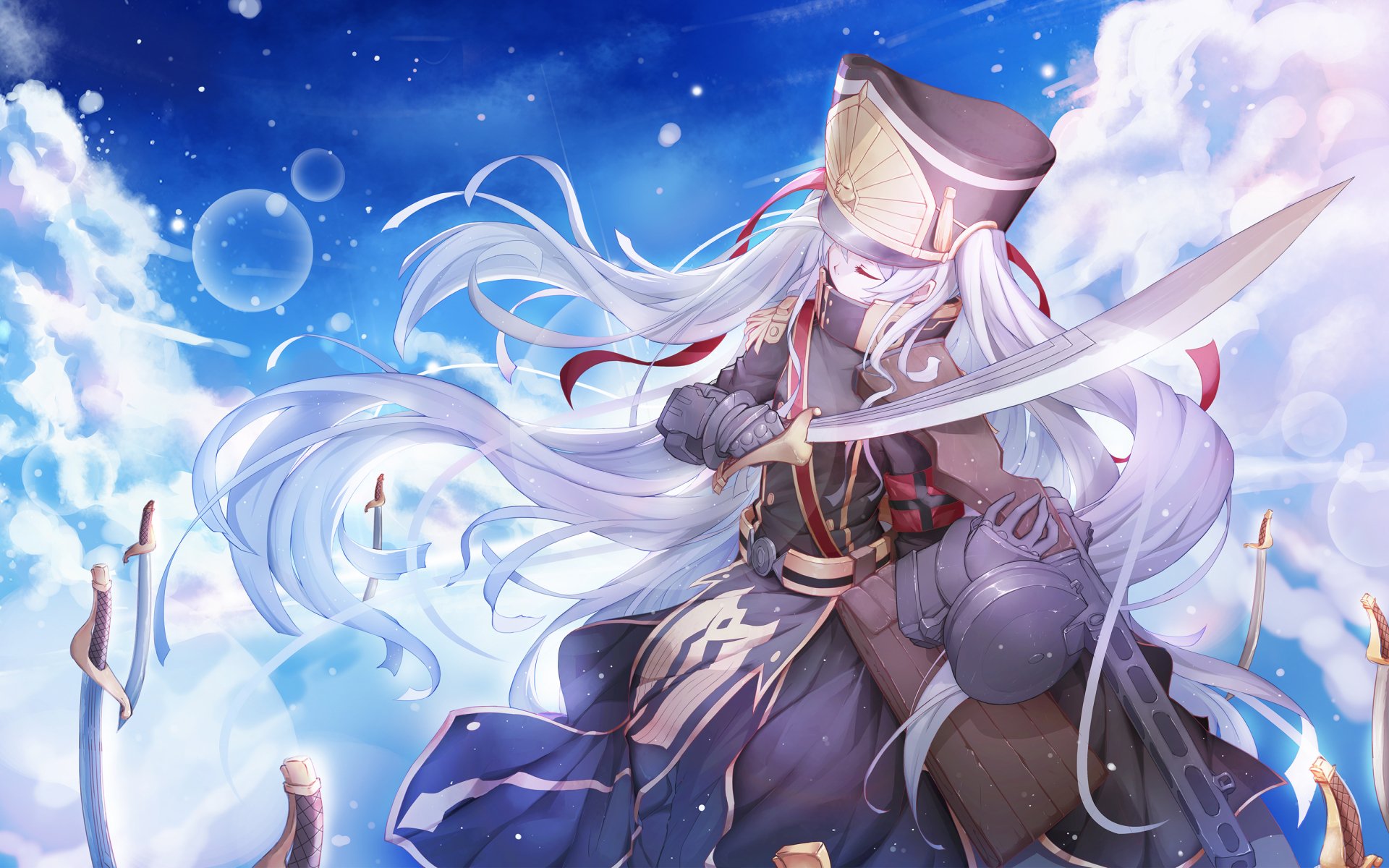 HD desktop wallpaper featuring Gunpuku no Himegimi from the anime Re:Creators, showcasing the character with long white hair and a sword, set against a sky with floating bubbles and clouds.