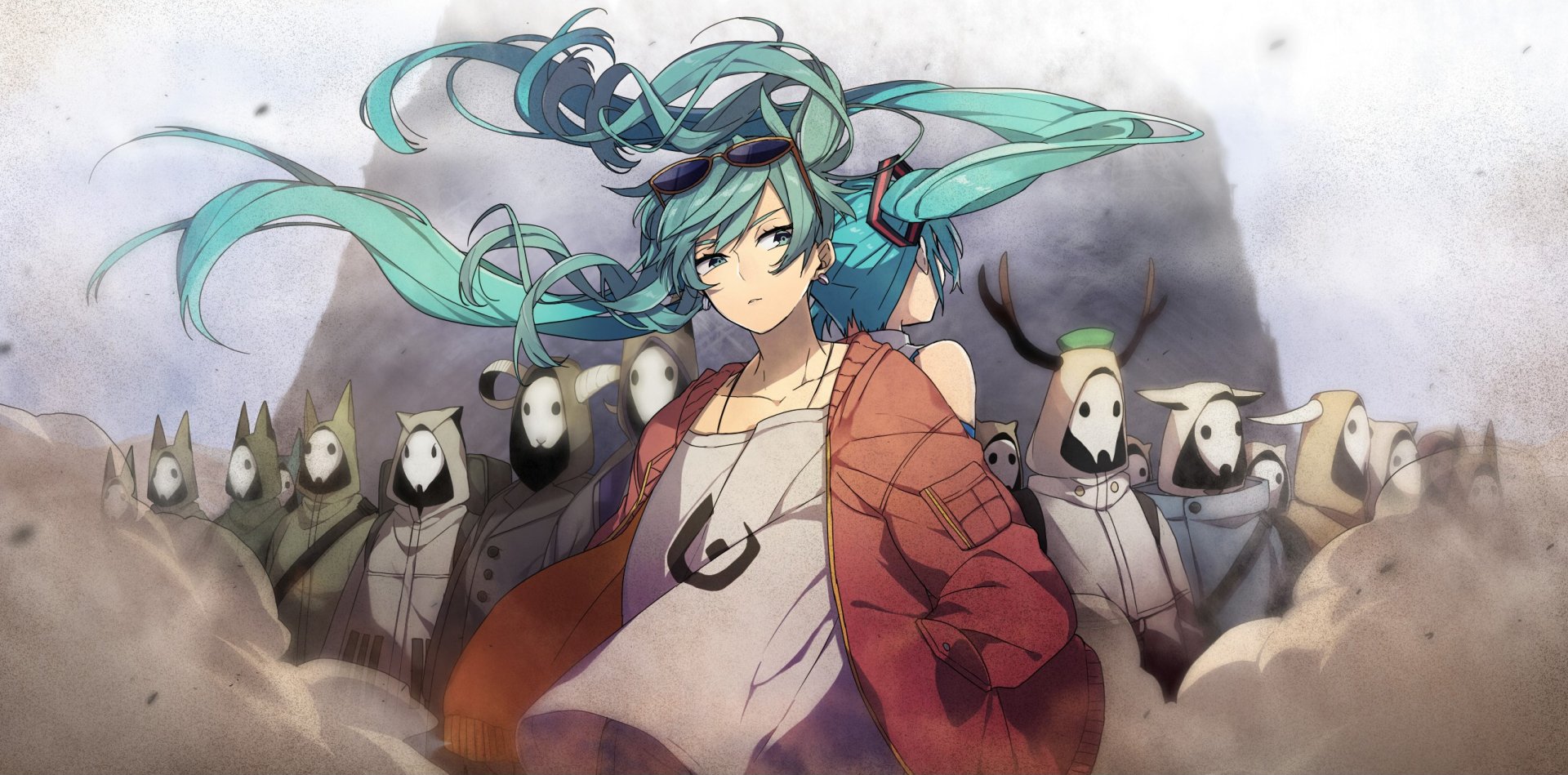 HD desktop wallpaper featuring Hatsune Miku from the Vocaloid anime, standing confidently with flowing teal hair, and a group of masked figures in the background.