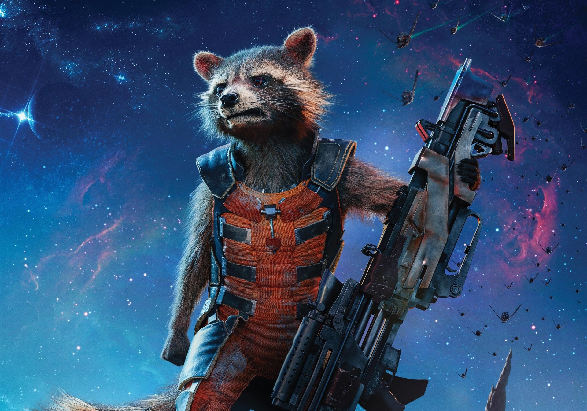 Rocket Raccoon from Guardians of the Galaxy Vol. 2 posed with a large weapon against a vibrant cosmic background, captured in 4K Ultra HD for PC desktop wallpaper.