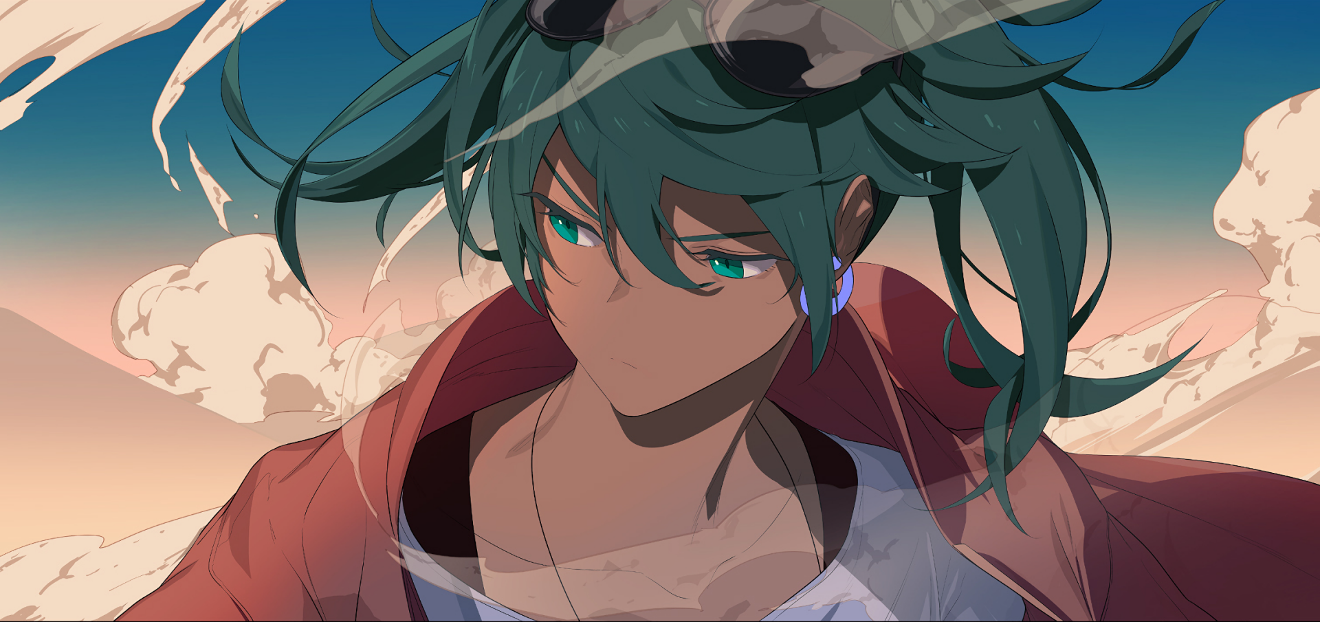 HD anime wallpaper featuring Hatsune Miku from Vocaloid with flowing teal hair against a dramatic sky background, designed as a PC desktop background.