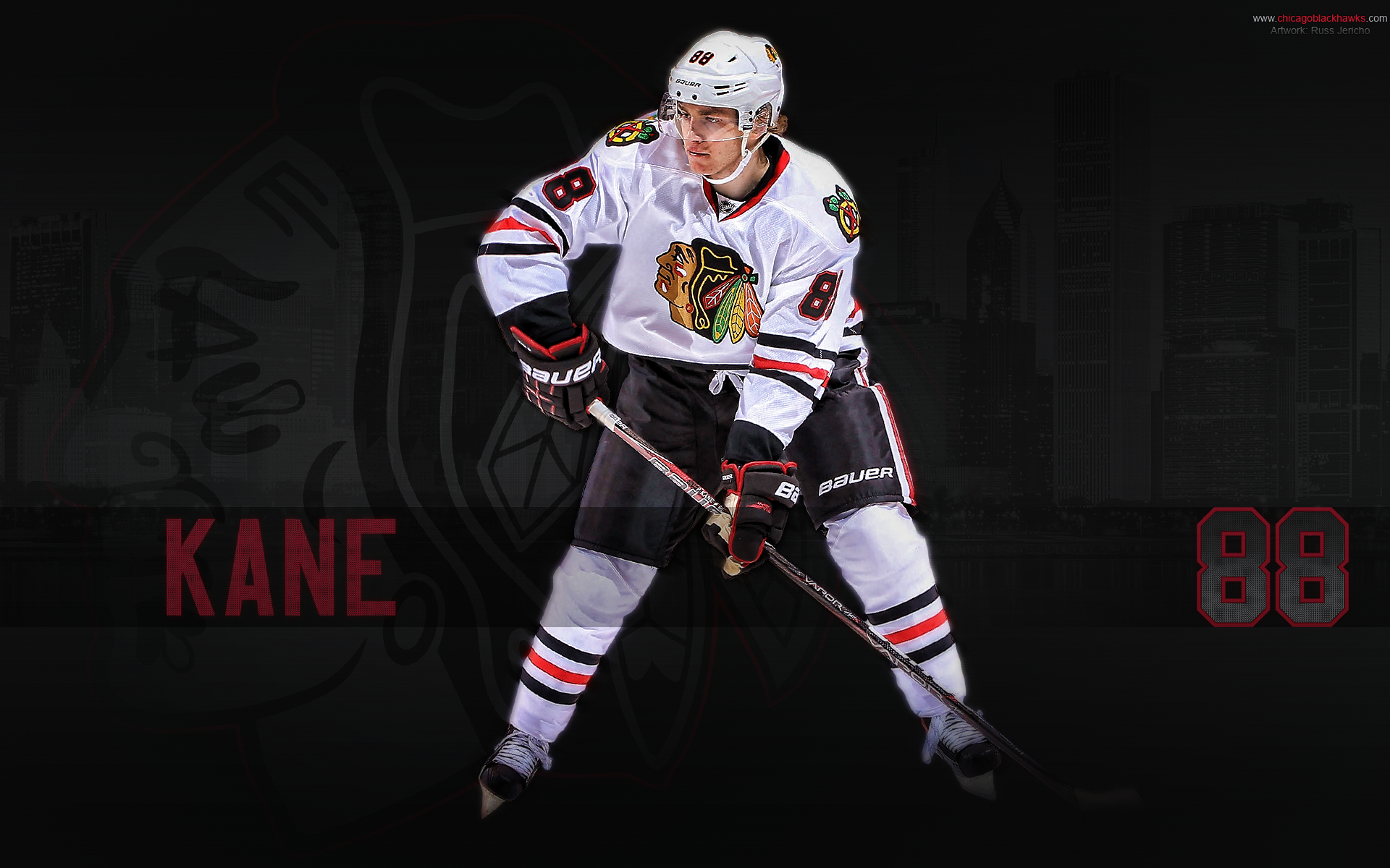 HD desktop wallpaper featuring a hockey player in a white uniform with the name KANE and the number 88.