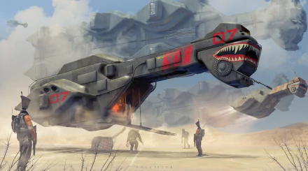A detailed 4K Ultra HD sci-fi spaceship shaped like a robotic creature with menacing teeth, set on a dusty landscape with small figures around it.