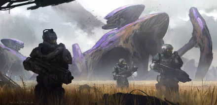 Futuristic Halo warriors armed with advanced weapons stand in a misty battlefield, set against a massive alien structure in this HD PC gaming wallpaper.