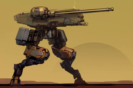 HD PC desktop wallpaper of a giant sci-fi robot equipped with a massive weapon, depicted in a dynamic stance against a muted background.