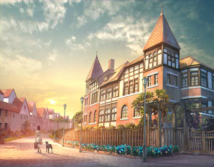 Anime original HD PC desktop wallpaper/background: sunlit European-style street with a timbered villa, picket fence, flowerbeds, and a figure pushing a stroller at sunset.