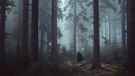 HD desktop wallpaper of a misty forest with towering trees, featuring Guts from the anime Berserk. The scene is atmospheric, capturing a lone figure amidst the dense woodland.