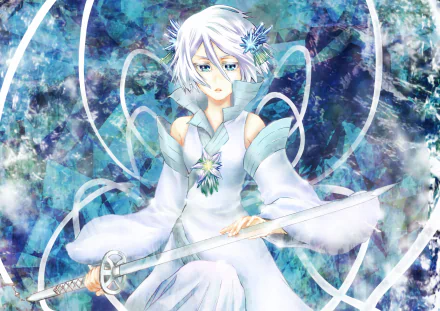 High-definition desktop wallpaper featuring Rukia Kuchiki from the anime Bleach in her Bankai form, holding a sword against a vibrant, icy background.