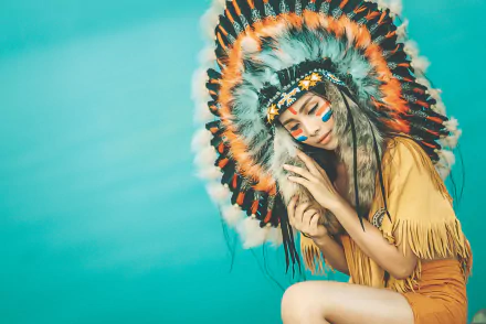 A 4K Ultra HD wallpaper of an Asian woman wearing a Native American feather headdress and traditional attire against a turquoise background.