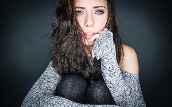 Women Model Blue Eyes Sweater Black Hair HD Wallpaper | Background Image