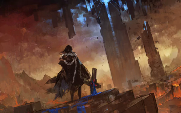 Anime-style HD PC desktop wallpaper from Pixiv Fantasia RD, depicting a lone figure standing on ruins beneath towering dark structures in a fiery, apocalyptic landscape.