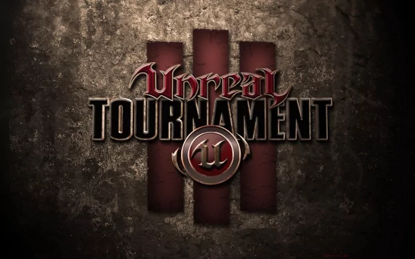 Unreal Tournament III logo stamped on a gritty, weathered metal wall with dark red III bars and metallic game title — HD PC desktop wallpaper/background for the video game.