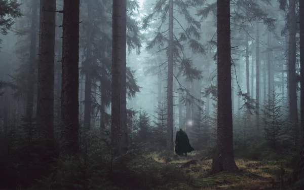 HD desktop wallpaper of a misty forest with towering trees, featuring Guts from the anime Berserk. The scene is atmospheric, capturing a lone figure amidst the dense woodland.