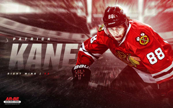 HD wallpaper featuring an action shot of hockey player Patrick Kane with dynamic background graphics.