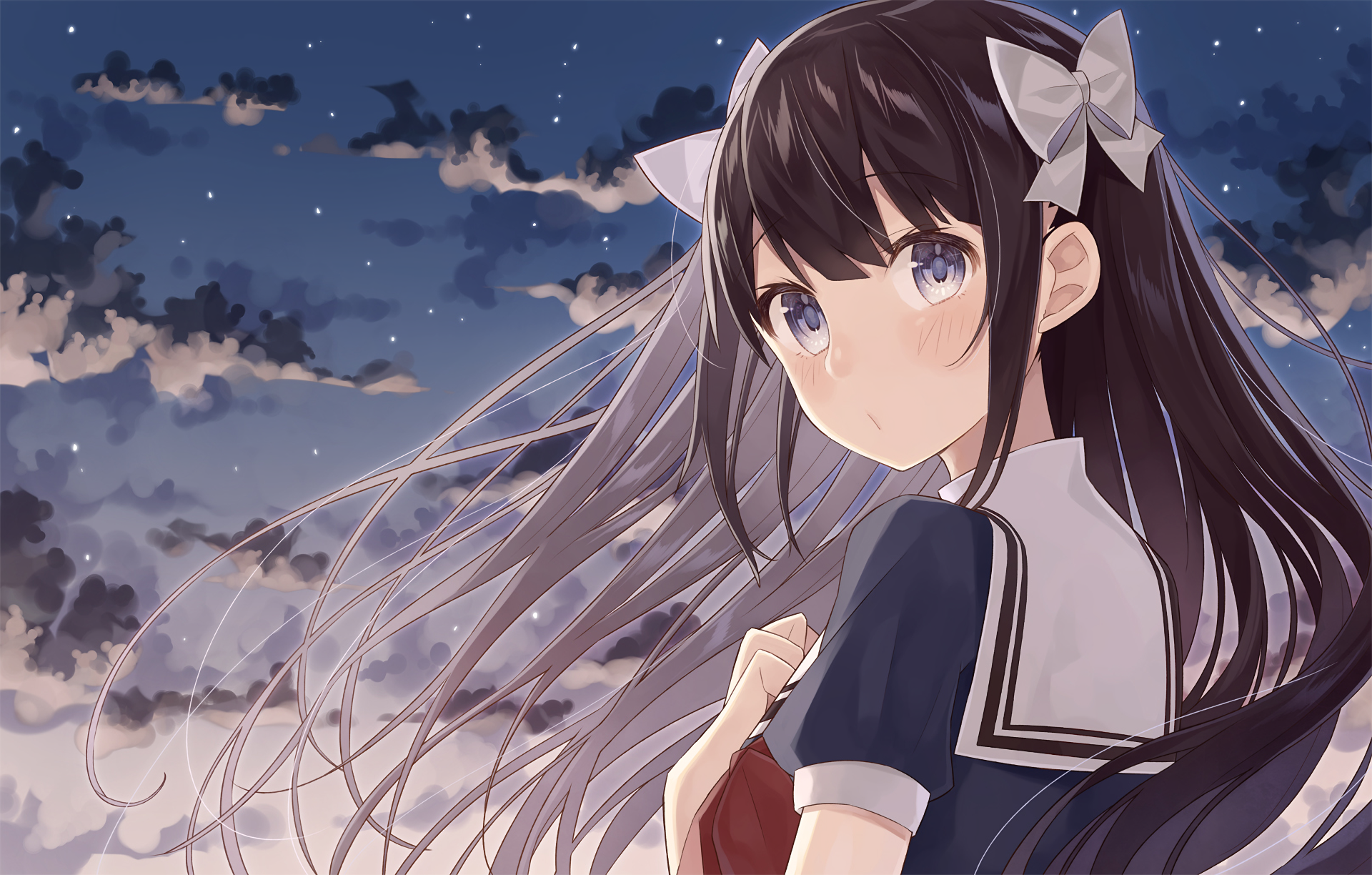 Anime original HD PC desktop wallpaper/background: long dark-haired schoolgirl in a sailor uniform looks back against a starry twilight sky.