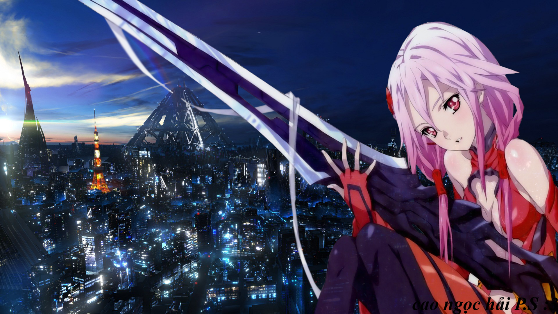 HD anime desktop wallpaper of a Guilty Crown character with pink hair and red eyes holding glowing strands above a futuristic cityscape at night.