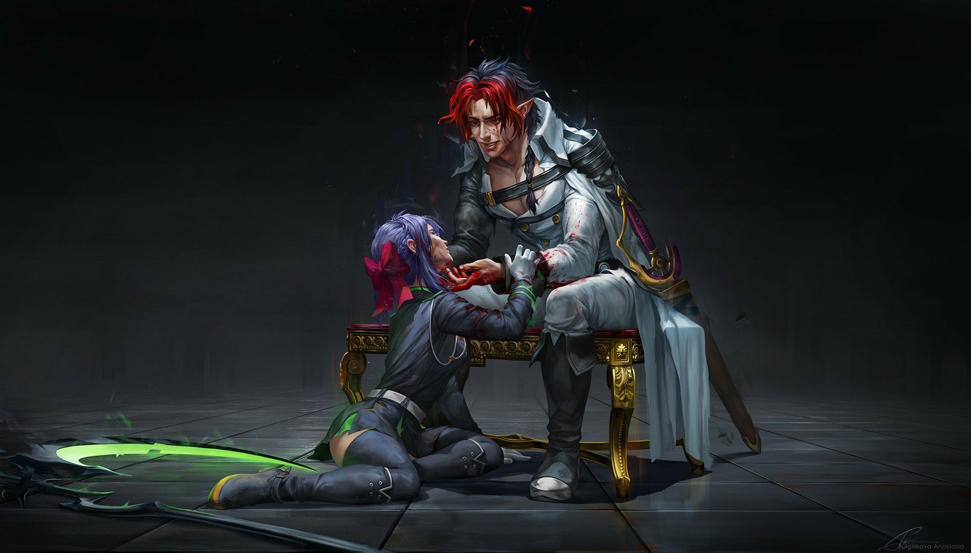 HD PC wallpaper: Crowley Eusford and Shinoa Hīragi (anime Seraph of the End) — Crowley seated on an ornate chair, red-haired, offering a hand to kneeling purple-haired Shinoa.