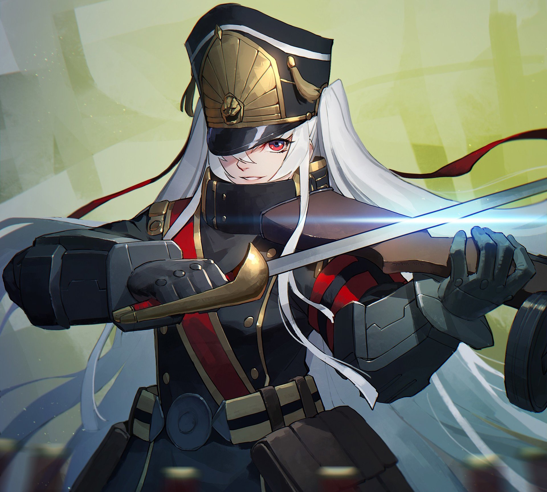 HD PC desktop wallpaper featuring Gunpuku no Himegimi from the anime Re:Creators, showcasing her poised with a glowing sword and intense red eyes.
