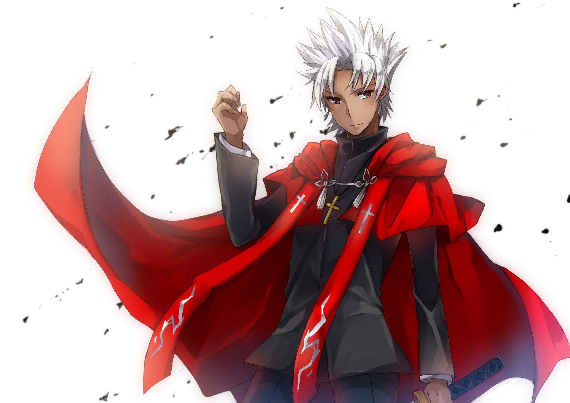 HD desktop wallpaper featuring Shirou Kotomine from the anime Fate/Apocrypha, depicted with white hair, a red cloak, and a confident expression.