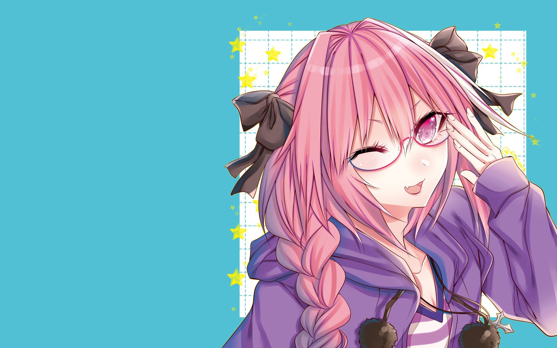 HD anime wallpaper featuring Rider of Black from Fate/Apocrypha with pink hair, glasses, and a playful wink against a vibrant blue background.