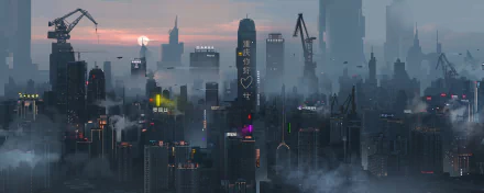 HD desktop wallpaper showing a cyberpunk cityscape in China with neon lights, towering buildings, and futuristic cranes against a misty, twilight sky.