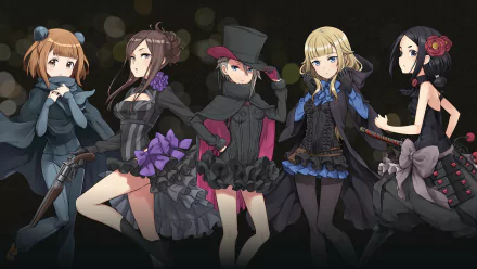 HD desktop wallpaper featuring characters Ange, Princess, Dorothy, Chise, and Beatrice from the anime Princess Principal, in elegant attire with a dark background.