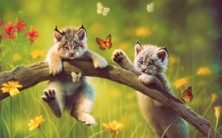 HD desktop wallpaper of two adorable lynx cubs in a meadow, perched on a log with butterflies fluttering around, depicted in an artistic and cute painting.