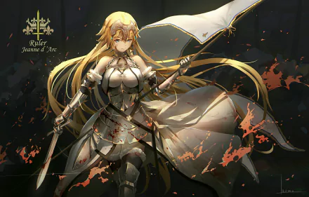 HD desktop wallpaper featuring Jeanne d'Arc from Fate/Apocrypha, clad in armor and holding a flag. She is depicted as the Ruler character from the Fate series.