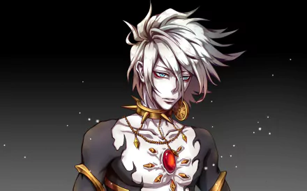 HD anime wallpaper featuring Lancer of Red from Fate/Apocrypha with striking white hair, red eyes, and a detailed jewel-adorned outfit against a dark gradient background.