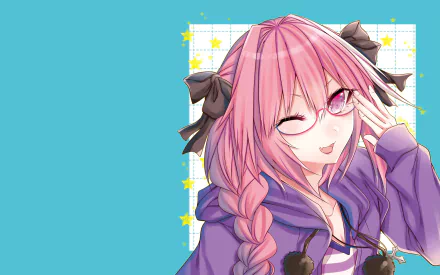 HD anime wallpaper featuring Rider of Black from Fate/Apocrypha with pink hair, glasses, and a playful wink against a vibrant blue background.