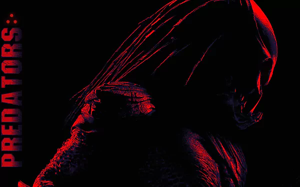 HD PC desktop wallpaper: red-lit Berserker Predator from the sci-fi Predator movie, looming in shadow with textured armor; vertical PREDATORS: text on the left.
