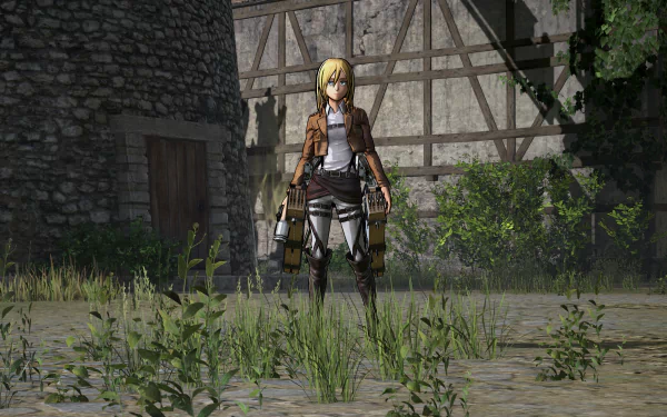 4K Ultra HD PC wallpaper of the video game Attack on Titan: Wings of Freedom — a blonde Survey Corps soldier in ODM gear stands in an overgrown stone courtyard.