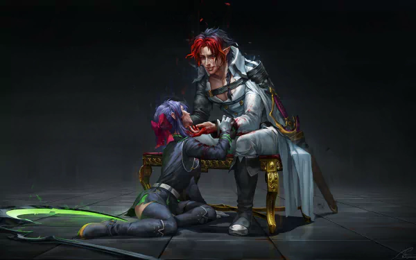 HD PC wallpaper: Crowley Eusford and Shinoa Hīragi (anime Seraph of the End) — Crowley seated on an ornate chair, red-haired, offering a hand to kneeling purple-haired Shinoa.
