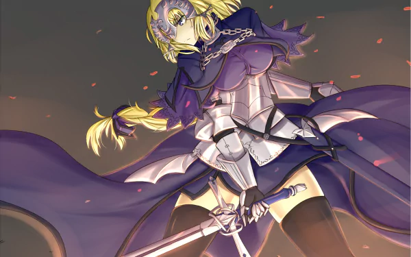 HD PC desktop wallpaper featuring Ruler from Fate/Apocrypha in anime style, showcasing her armored outfit and dynamic pose with a glowing sword.