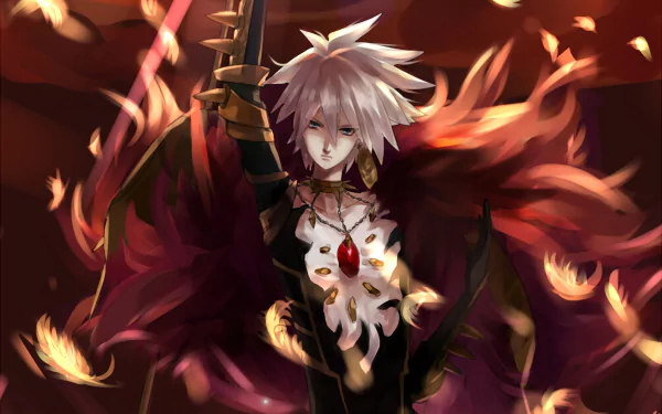 HD desktop wallpaper featuring Lancer of Red from Fate/Apocrypha anime series. The character is depicted with a sword and a dramatic background with falling feathers and vibrant colors.