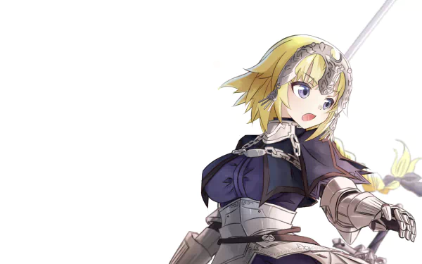 HD PC desktop wallpaper of Ruler from Fate/Apocrypha — anime-style portrait of a blonde armored heroine in a purple tunic raising her sword against a white background