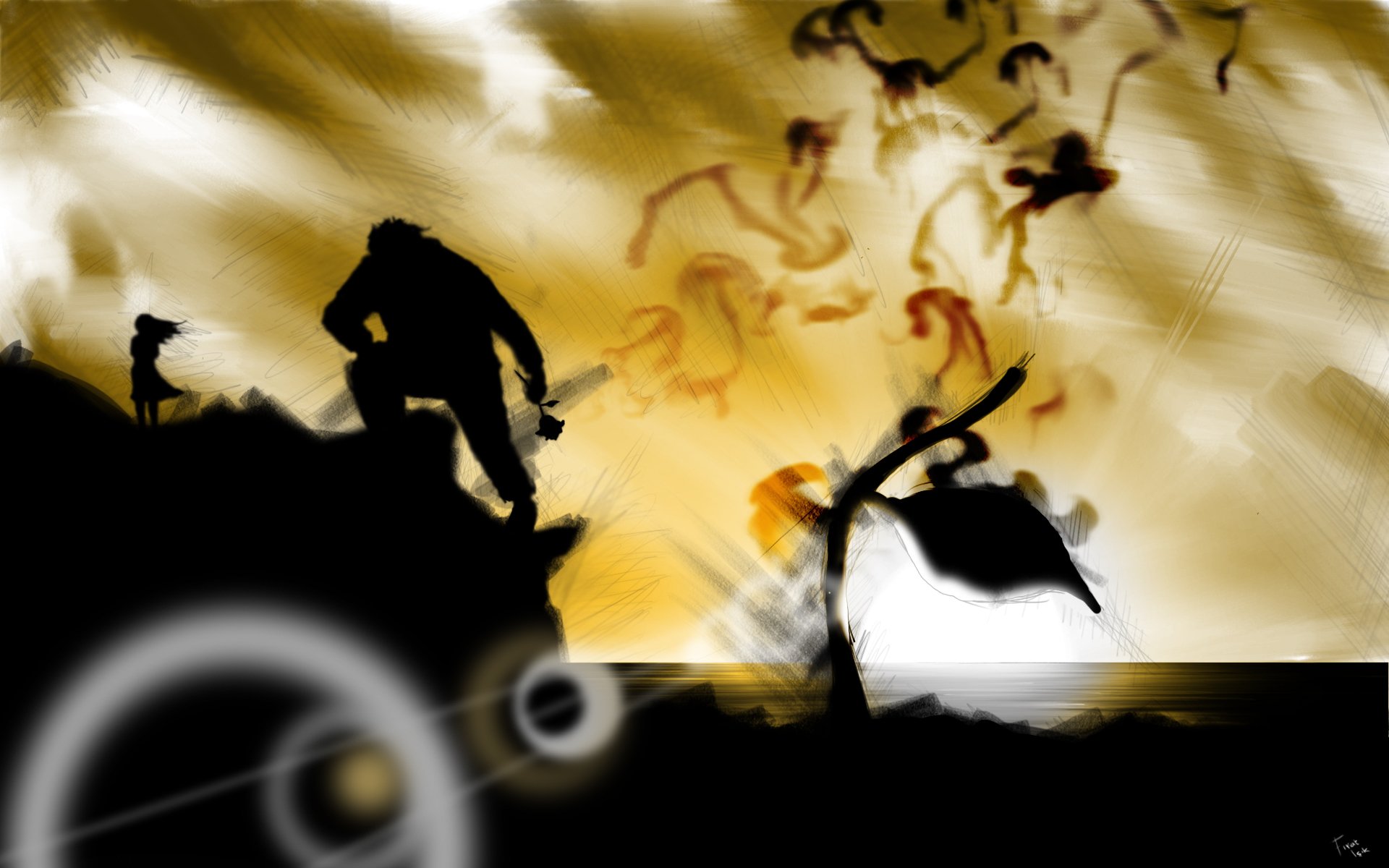 Artistic drawing of a silhouetted figure and flower on a cliff at sunset, designed as an HD PC desktop wallpaper and background.