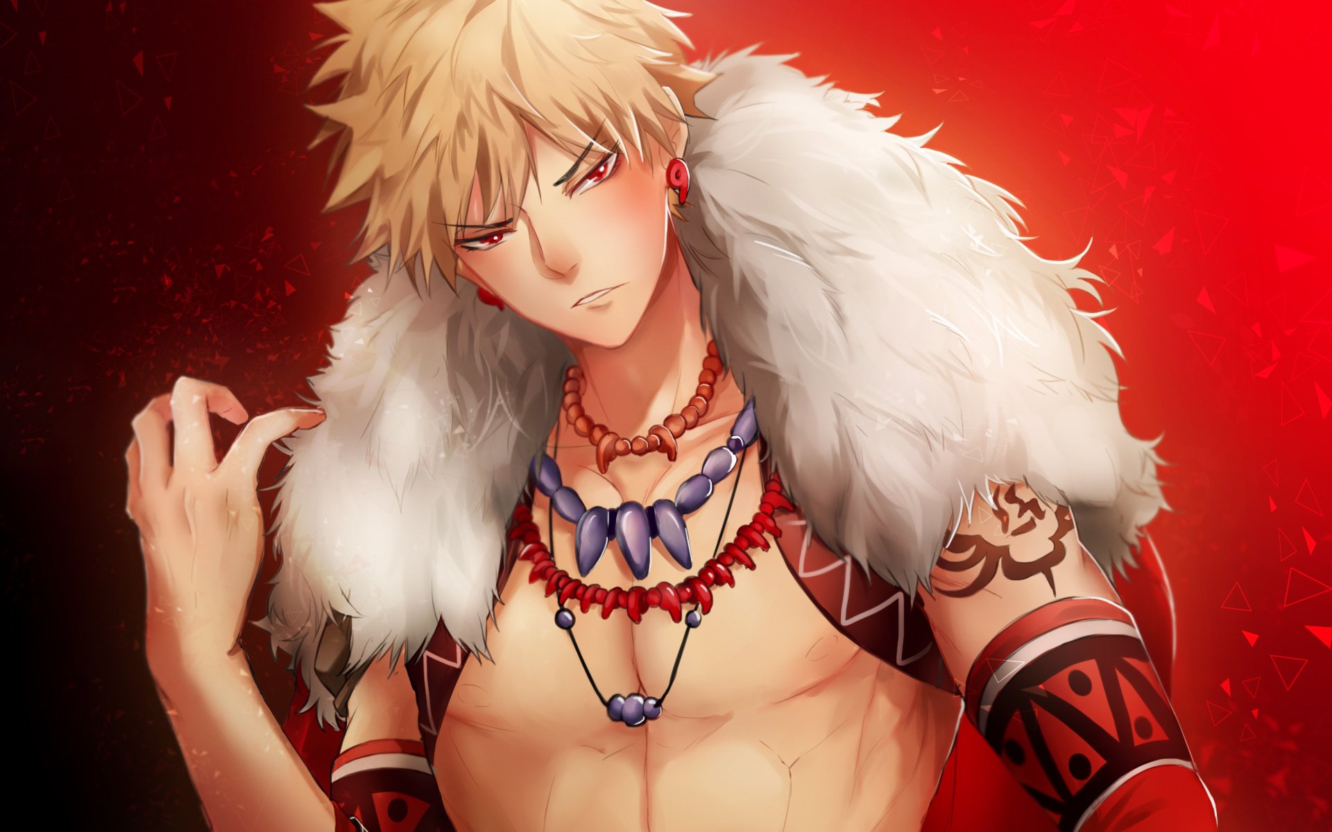 HD PC desktop wallpaper featuring Katsuki Bakugou from My Hero Academia with a fierce expression, wearing tribal-inspired accessories against a vibrant red background.