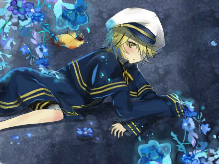 HD anime desktop wallpaper featuring Oliver from Vocaloid in a navy sailor outfit surrounded by glowing blue flowers and a small yellow bird.
