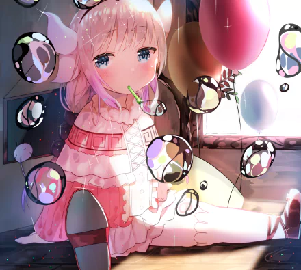 An HD desktop wallpaper featuring Kanna Kamui from the anime Miss Kobayashi's Dragon Maid, surrounded by balloons and bubbles.