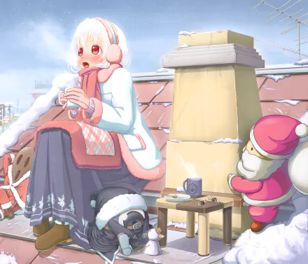 Anime-style Santa Claus with white hair and red eyes wearing a scarf, enjoying a winter scene on a rooftop, featured in a high-definition PC desktop wallpaper.