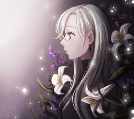 An HD desktop wallpaper featuring Elizabeth Liones from The Seven Deadly Sins anime. She has white hair and earrings, and is framed by flowers, creating a serene and enchanting atmosphere.